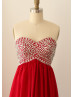 Strapless Sweetheart Red Chiffon Crystals Prom Dress